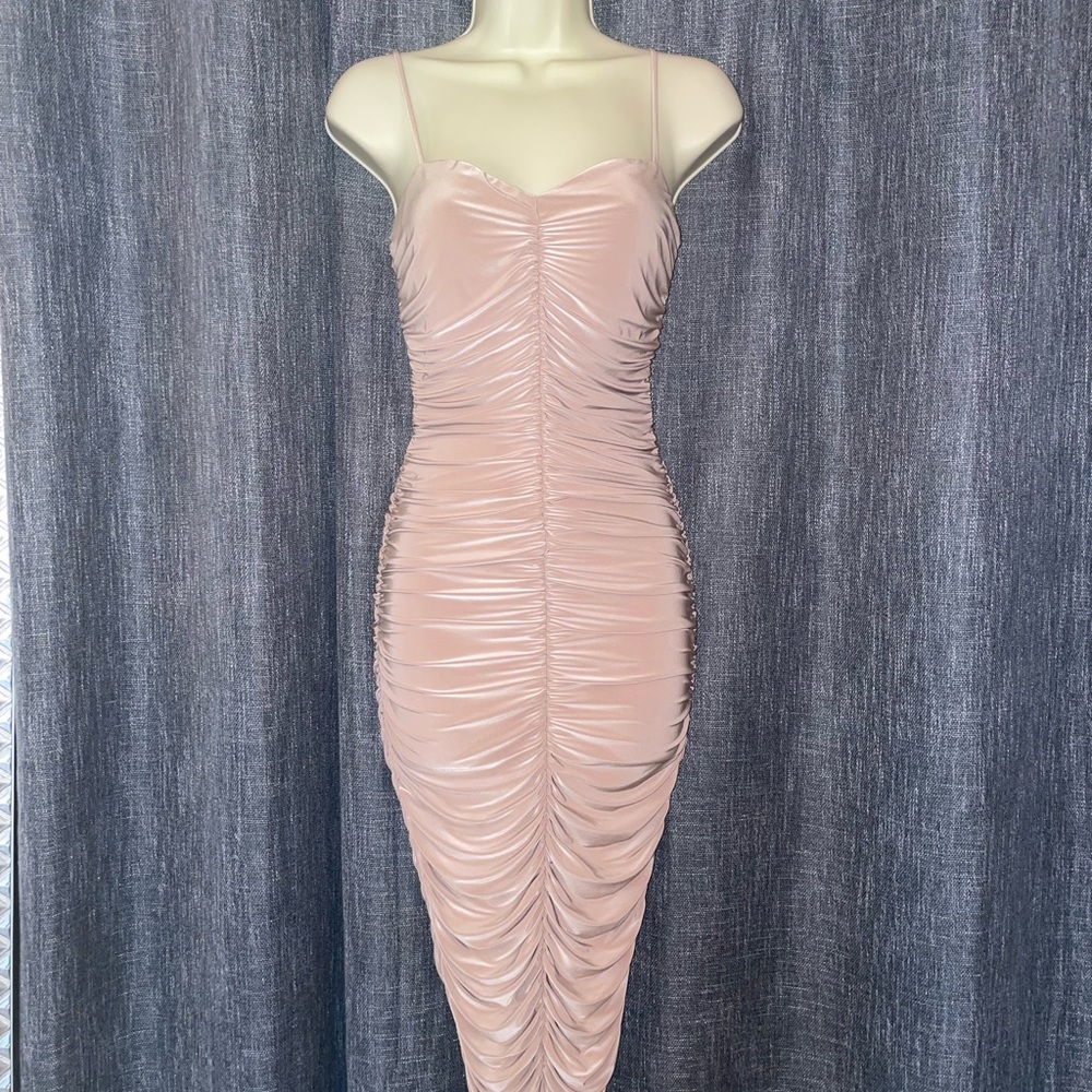 Tan Bodycon Midi Dress with Spaghetti Straps